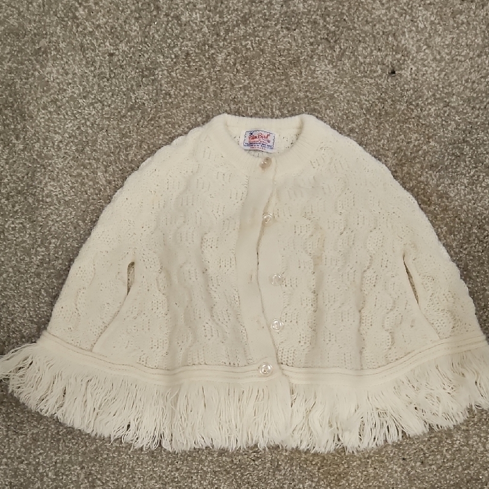 Vintage Blue Bird Kids Creamy White Knit Fabric poncho wrap shawl fringe size 5T